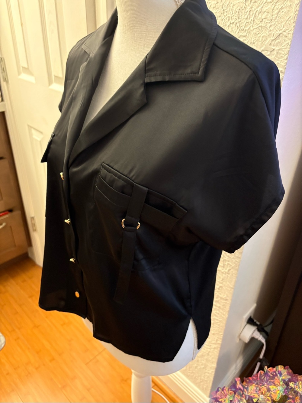 Women's Black Short-Sleeve Button Blouse with Pocket Strap Detail